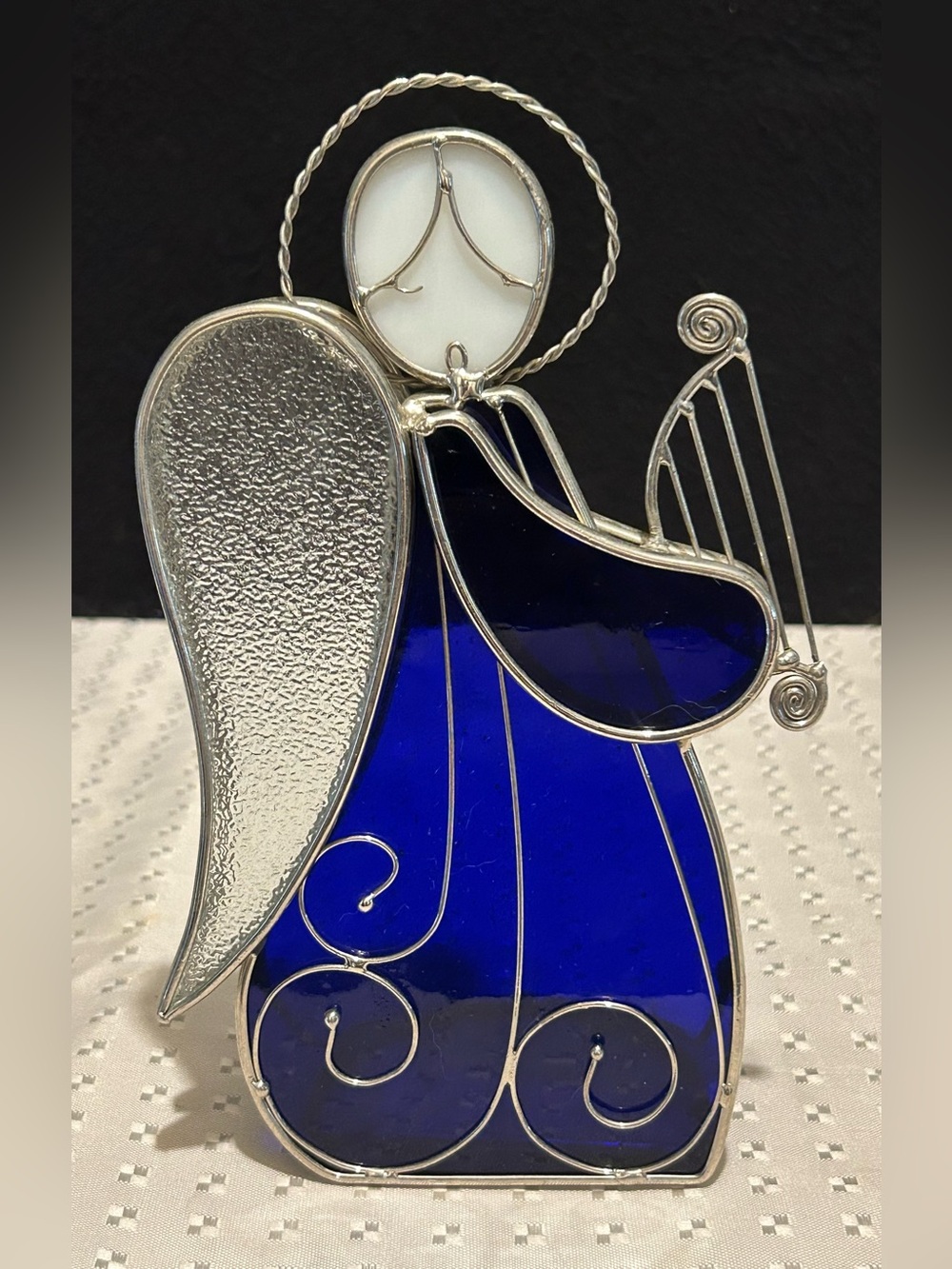 Vintage Stained Glass Angels Playing Harp And Trumpet Blue Shelf Decor Christmas